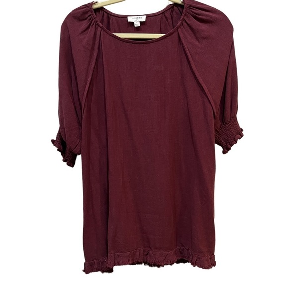 Umgee Maroon Balloon Sleeve Frayed Hem Top Sz S Aggies Color - Picture 1 of 10